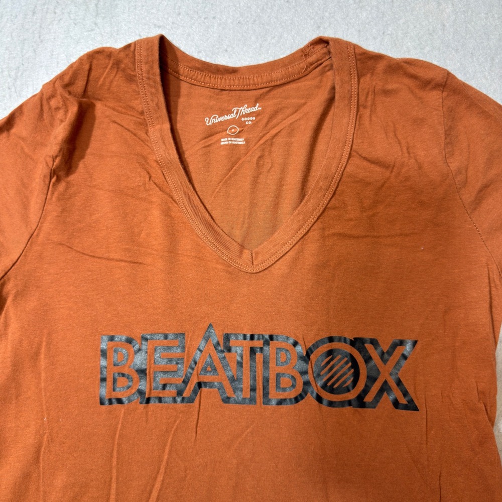 Universal Thread T-Shirt Womens S Orange Excellent Beatbox Graphic V-Neck Cotton